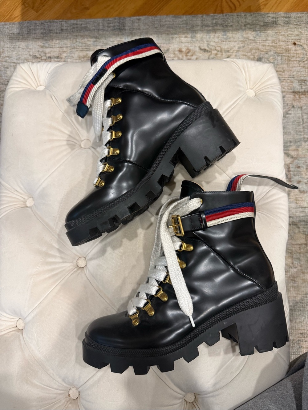Gucci Black Leather Lug-Sole Ankle Boots with Red-White-Blue Trim